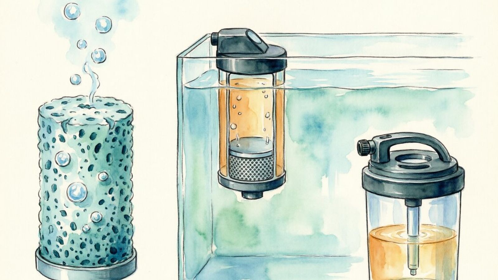 Cross-section diagram comparing sponge, HOB, and canister filter types