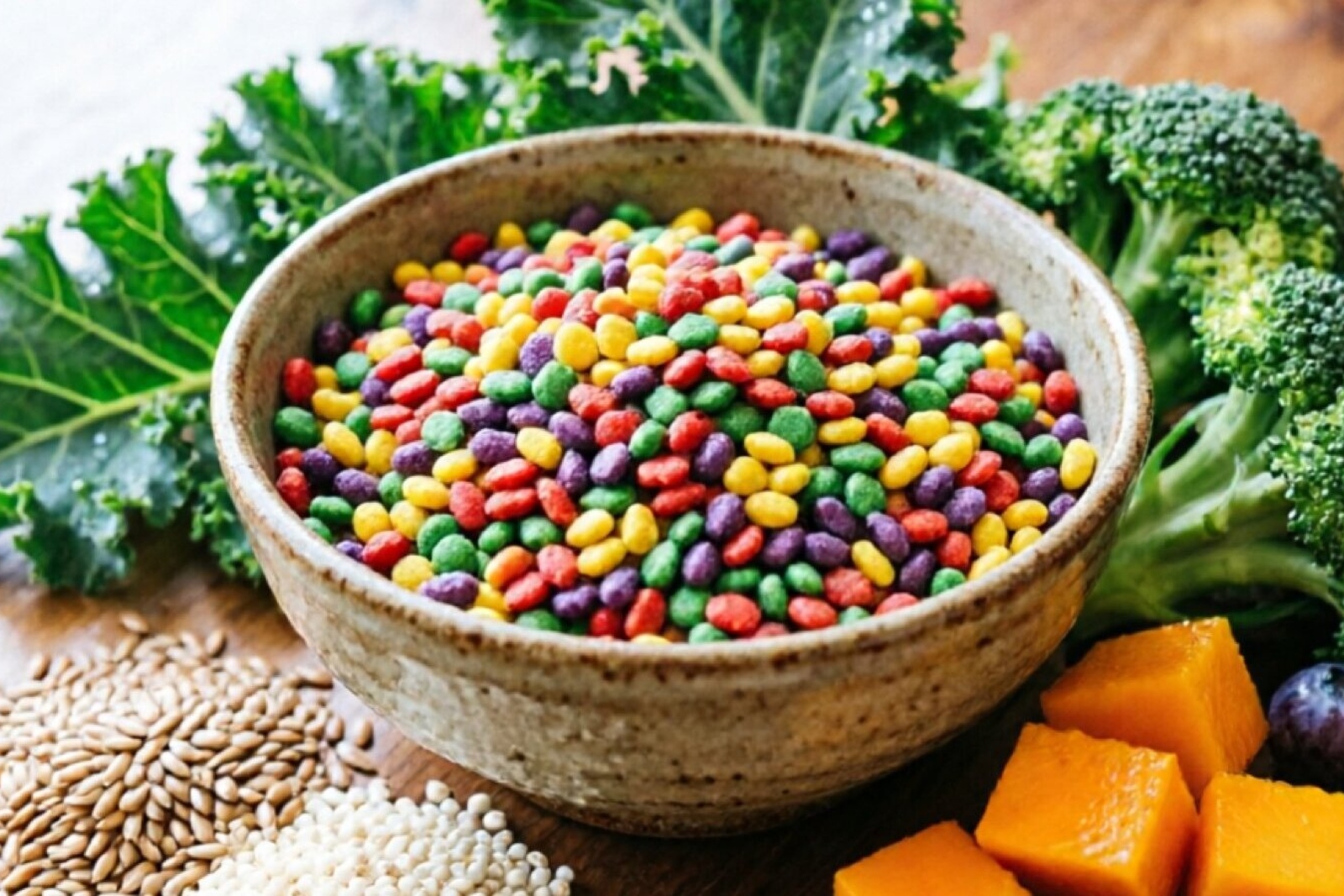 Budgie diet chart showing proportions of pellets, fresh vegetables, fruits, and seeds