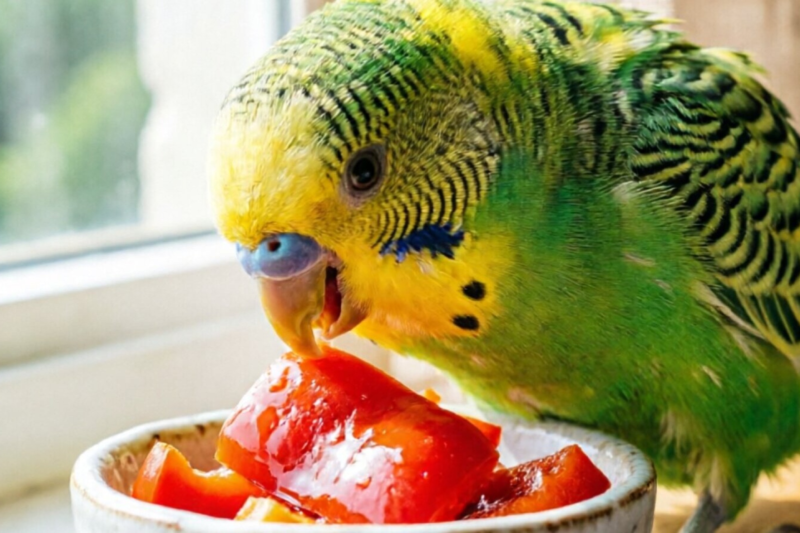 Budgie eating fresh vegetables from a food dish