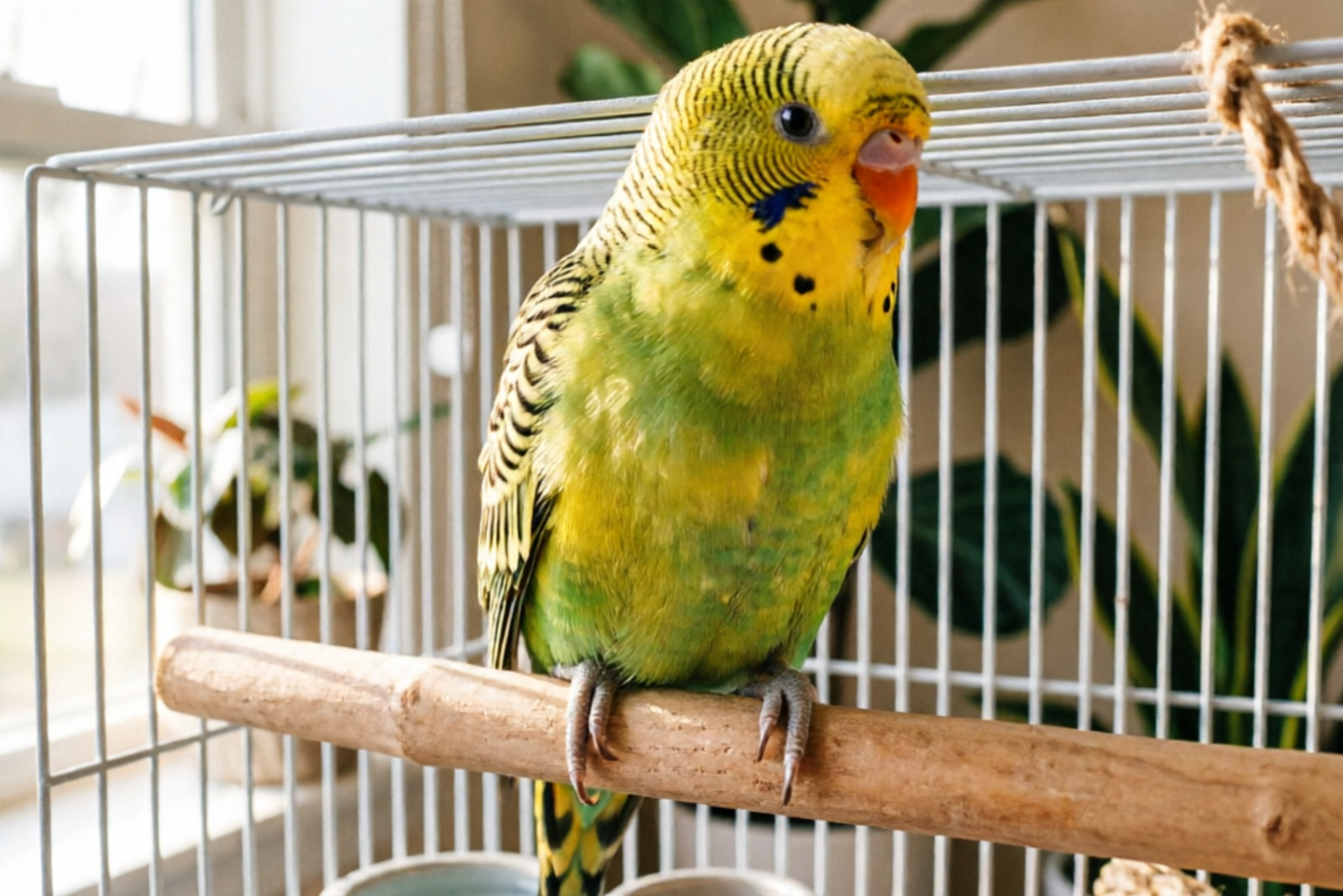 Happy calm budgie on perch