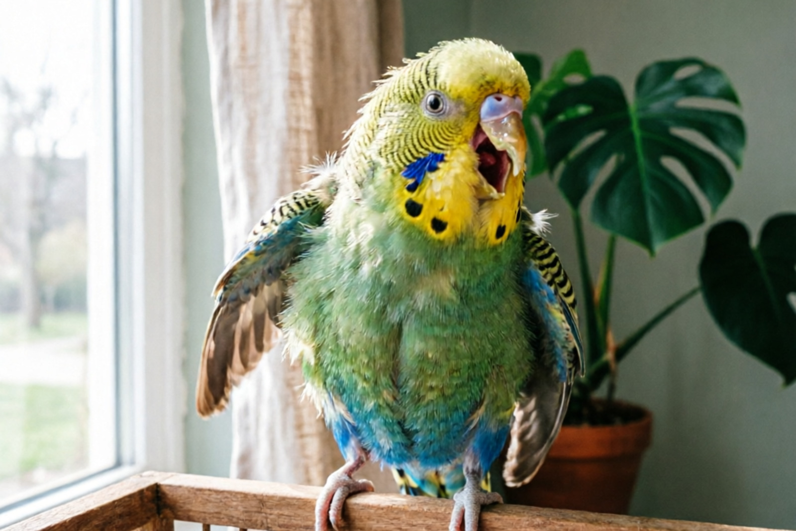 Budgie screaming in cage