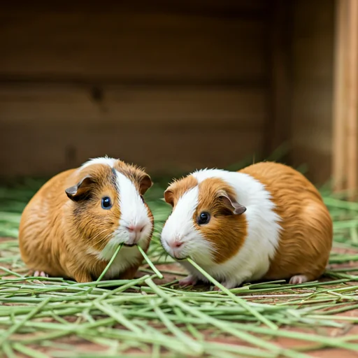 Group of social guinea pigs eating hay