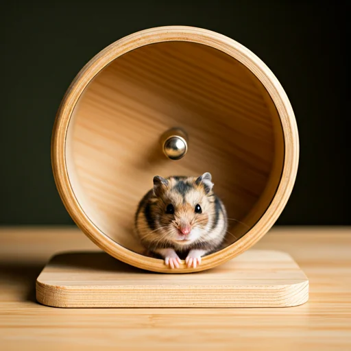 Cute hamster exploring a wooden wheel