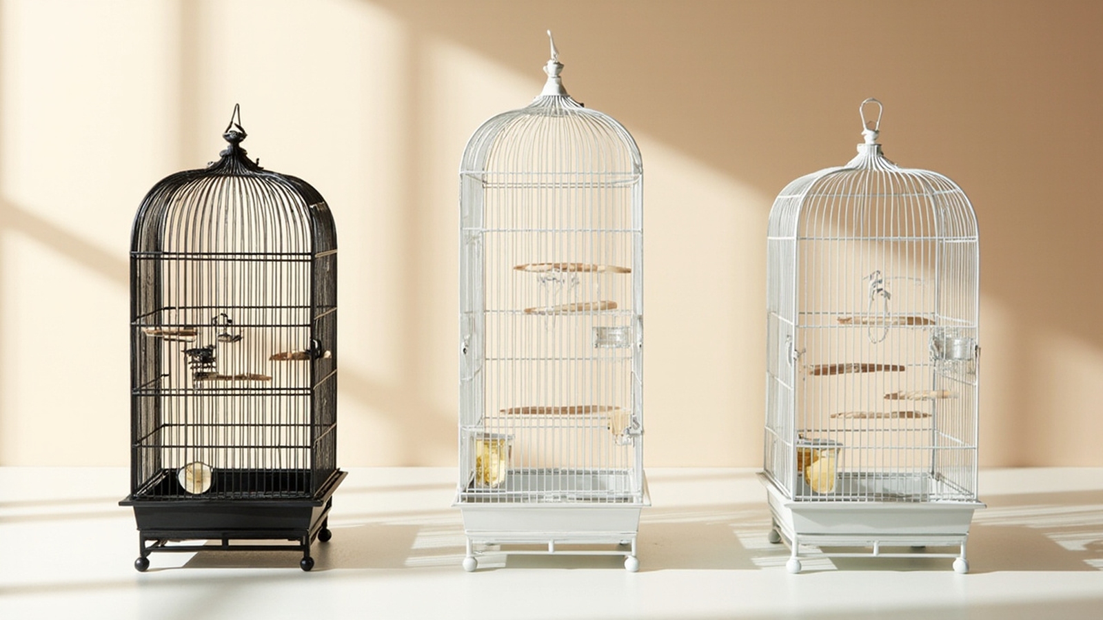 Three flight cages side by side: Yaheetech 54-inch, Prevue F050 5ft, and A&E HQ Elegant — showing length and bar spacing differences