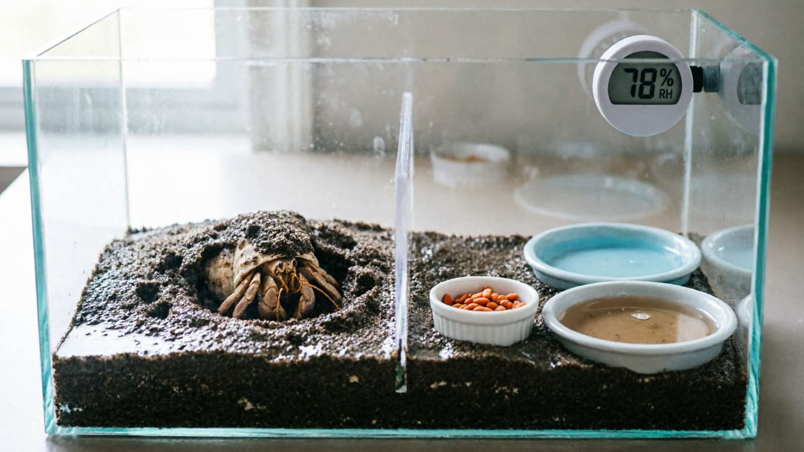 Isolation tank set up as a molt camp with six inches of moist sand, shallow water dishes, extra shells, and hiding spots