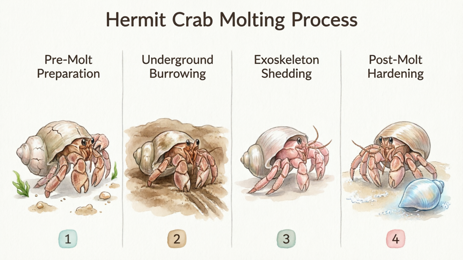 Diagram showing the five stages of hermit crab molting: pre-molt signs, underground burrowing, exoskeleton extraction, exoskeleton consumption, and new shell hardening