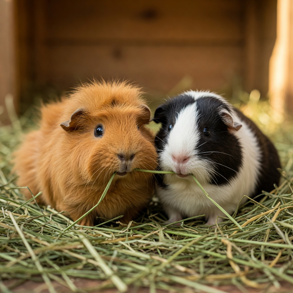 Two guinea pigs eating hay