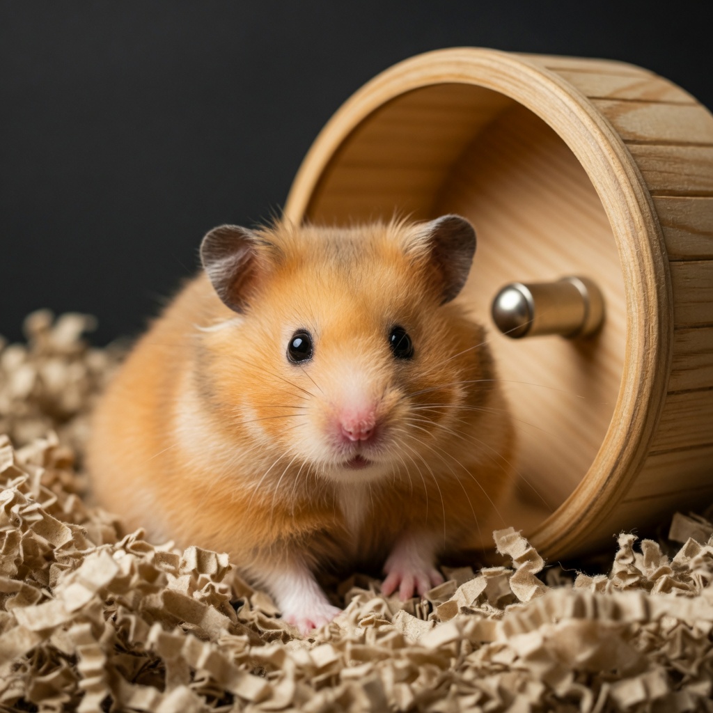A hamster sitting in a wooden wheel
