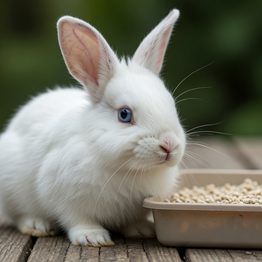 A white rabbit sitting close to the camera