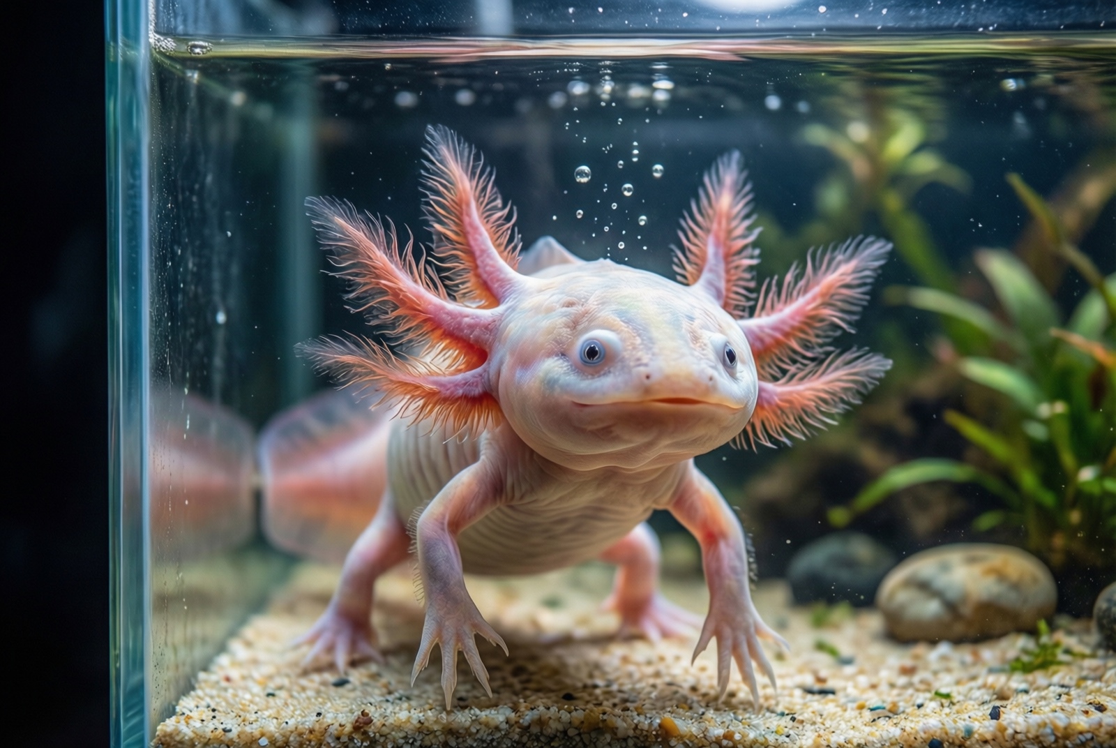 Pink axolotl in a tank