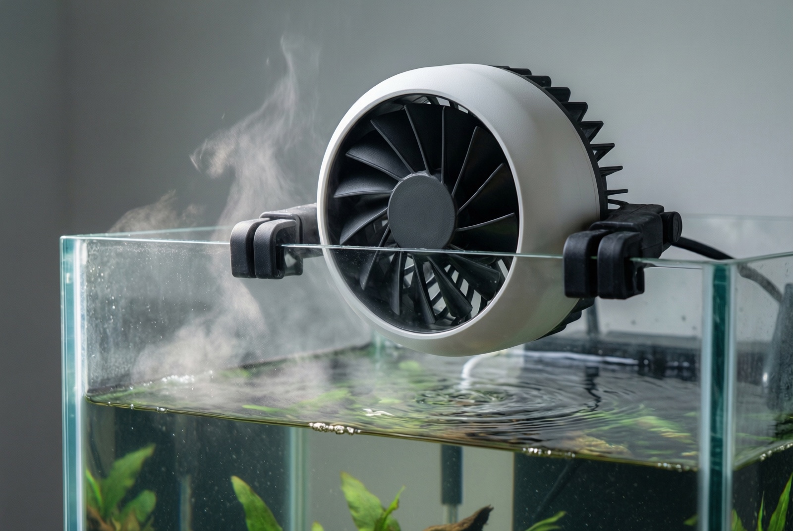 Cooling fan mounted on aquarium rim
