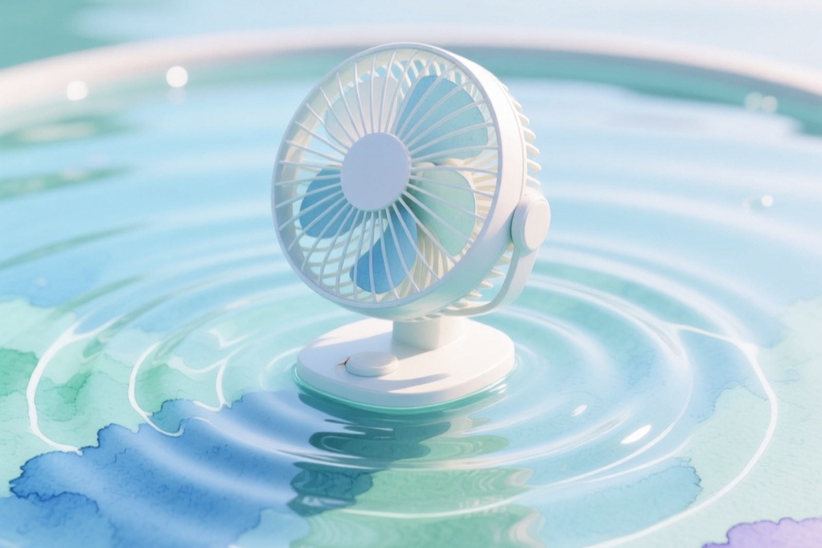 Overhead view of an axolotl tank with a clip-on cooling fan attached to the rim, frozen water bottle floating in the water, and a digital thermometer on the glass showing 65F