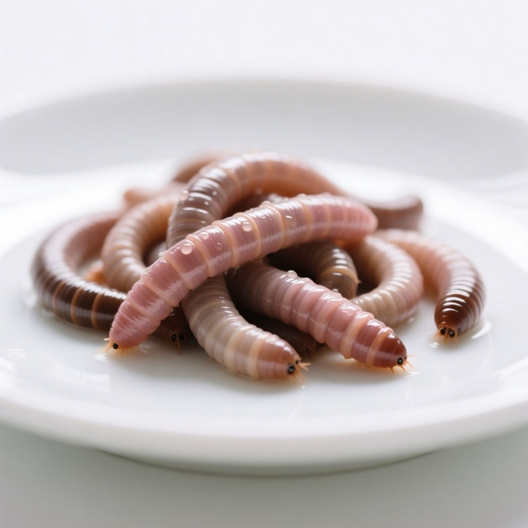 Close-up of clean Canadian nightcrawler earthworms on a white plate, moist and healthy-looking, natural lighting, showing the staple food that axolotls prefer over any commercial product