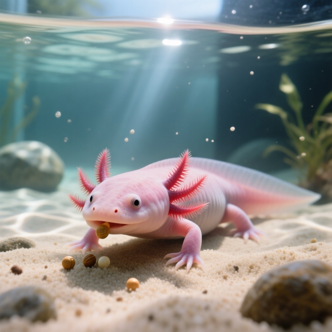 Axolotl on sandy substrate in an aquarium, with small sinking pellets visible on the bottom near its mouth, axolotl appearing to detect food by smell, clear aquarium water