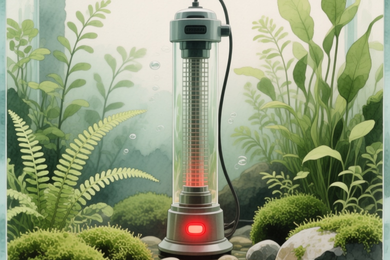 Submersible aquarium heater with digital thermostat in an axolotl tank