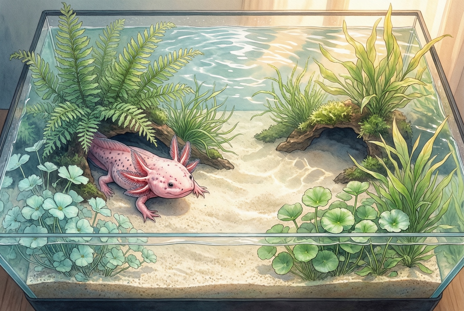 Proper hide placement in an axolotl tank showing two hides in different temperature zones