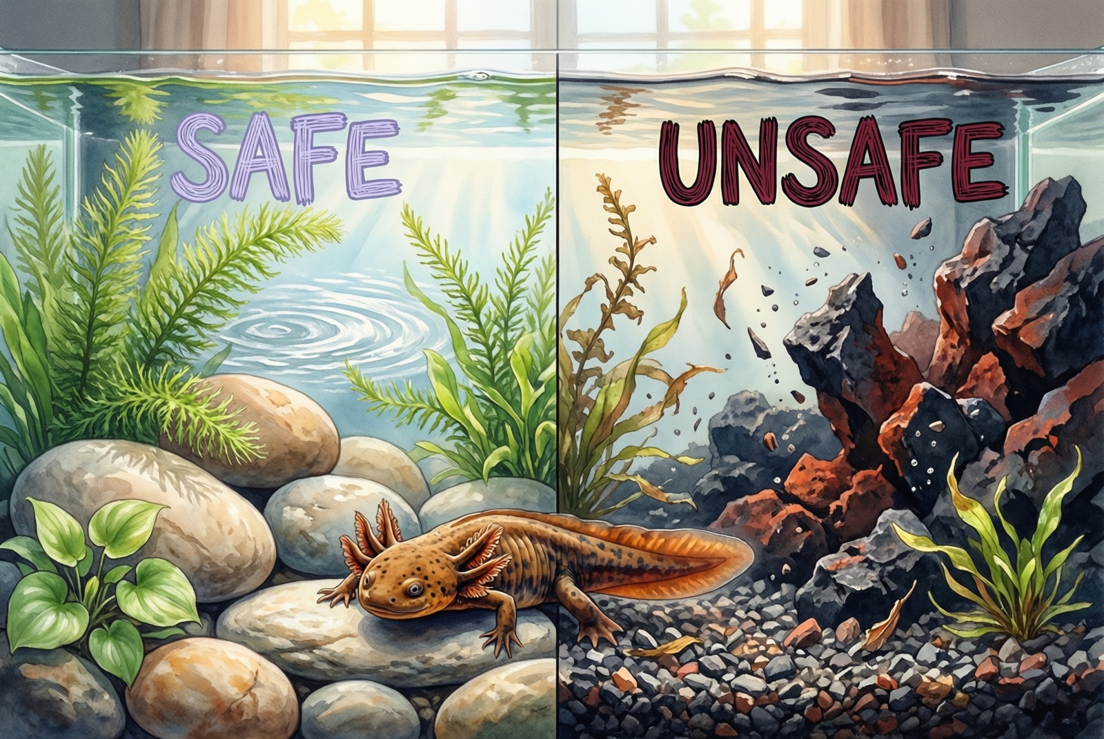 Side-by-side comparison of safe and unsafe decorations for axolotl tanks