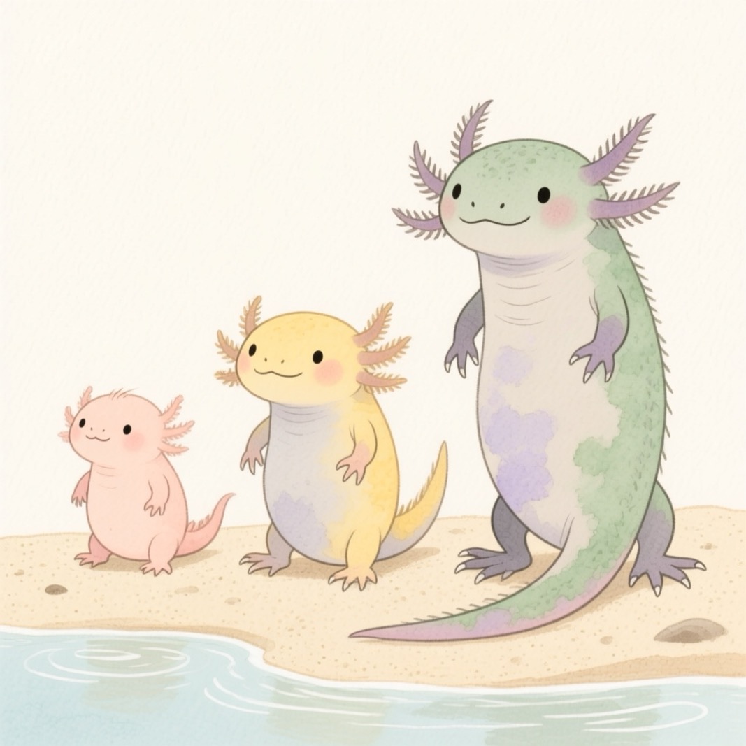 Three axolotls of different sizes side by side — small baby axolotl, medium juvenile, and large adult — on clean substrate, showing the size difference that corresponds to feeding frequency, natural lighting, well-maintained aquarium