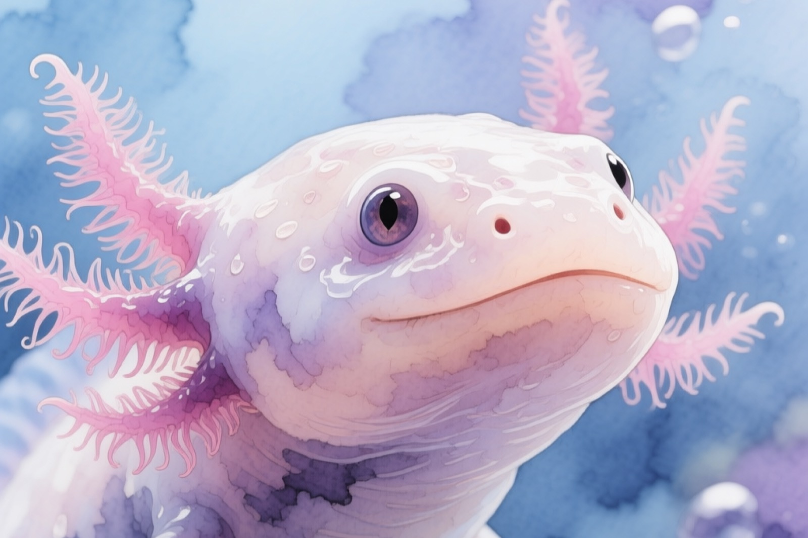 Close-up of an axolotl showing forward-curled gills indicating heat stress, the gill tips appearing red against the pale body