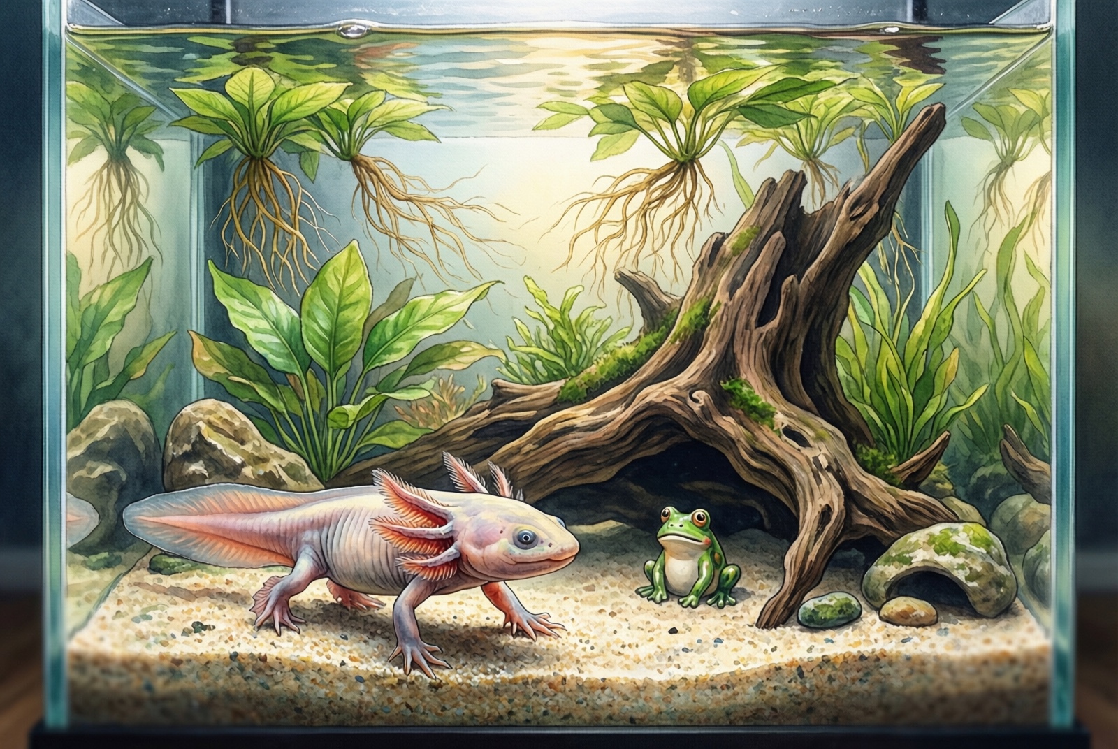 Overview of axolotl tank decoration categories: hides, plants, driftwood, and fun ornaments