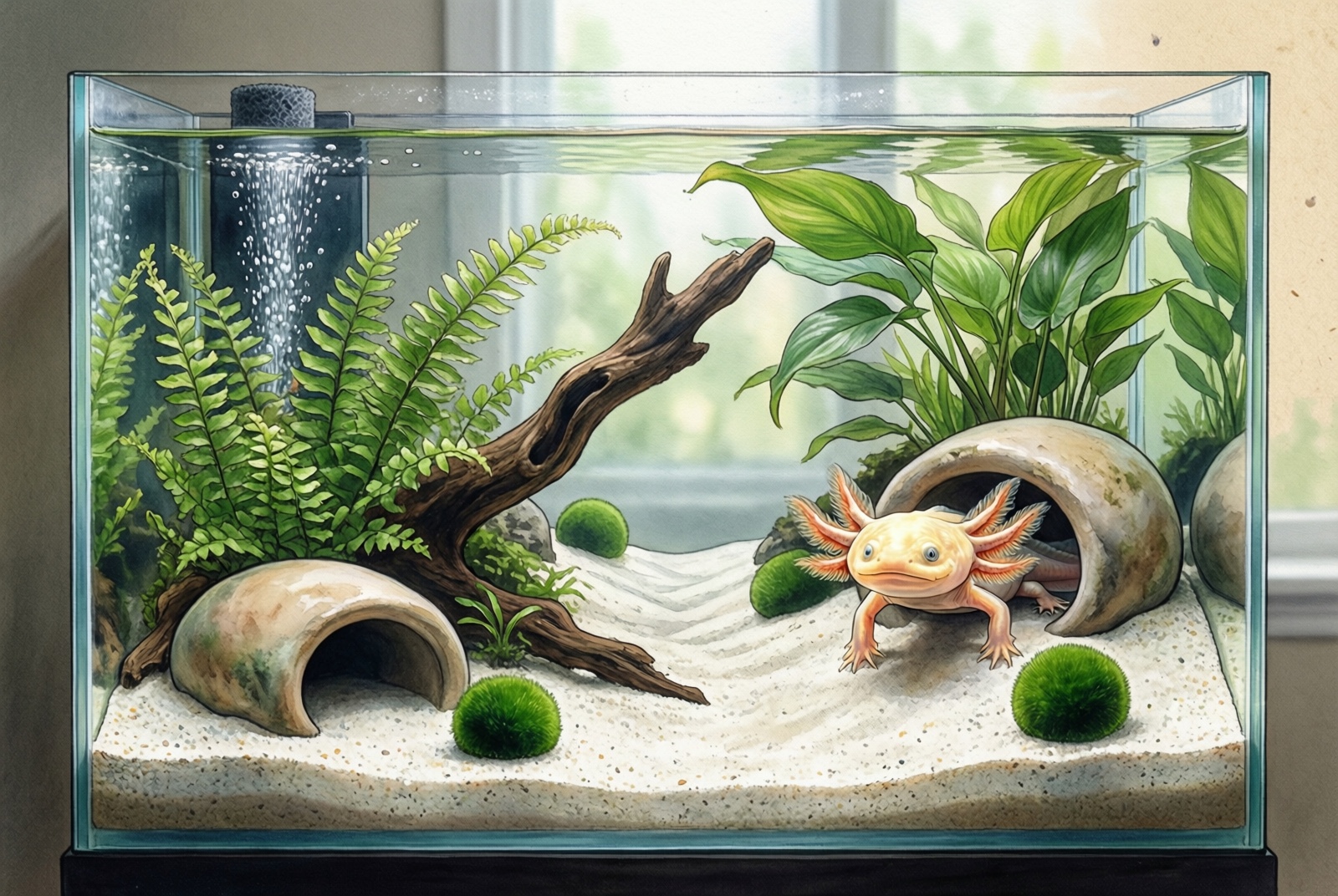 A beautifully decorated axolotl tank with sand substrate and hiding spots