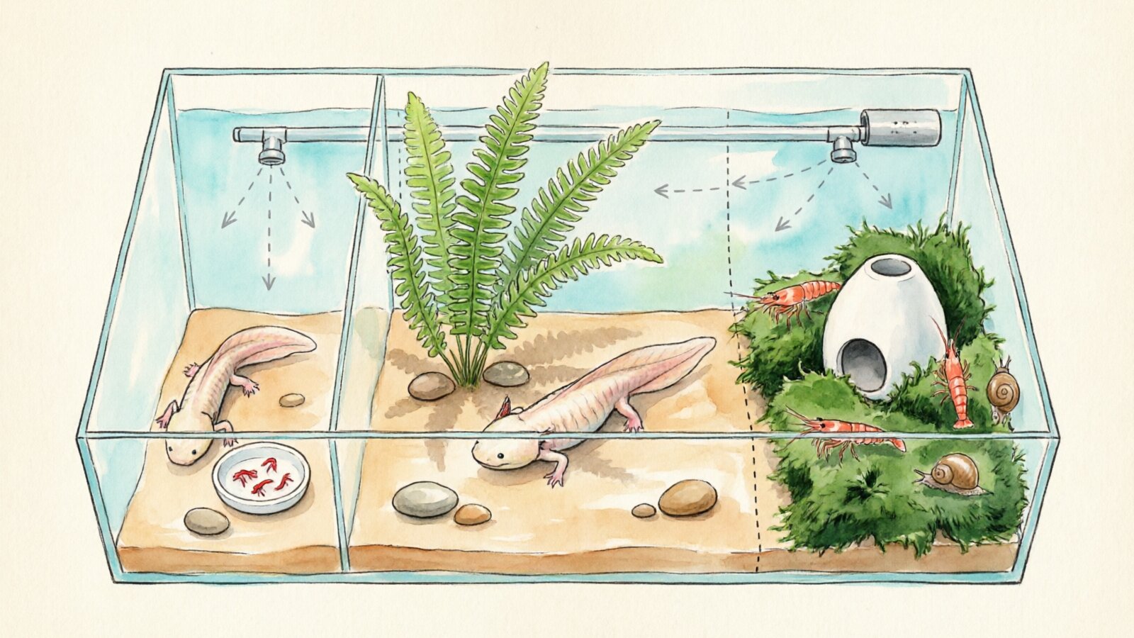 Proper axolotl community tank layout with divider, plant hiding zones, and feeding areas