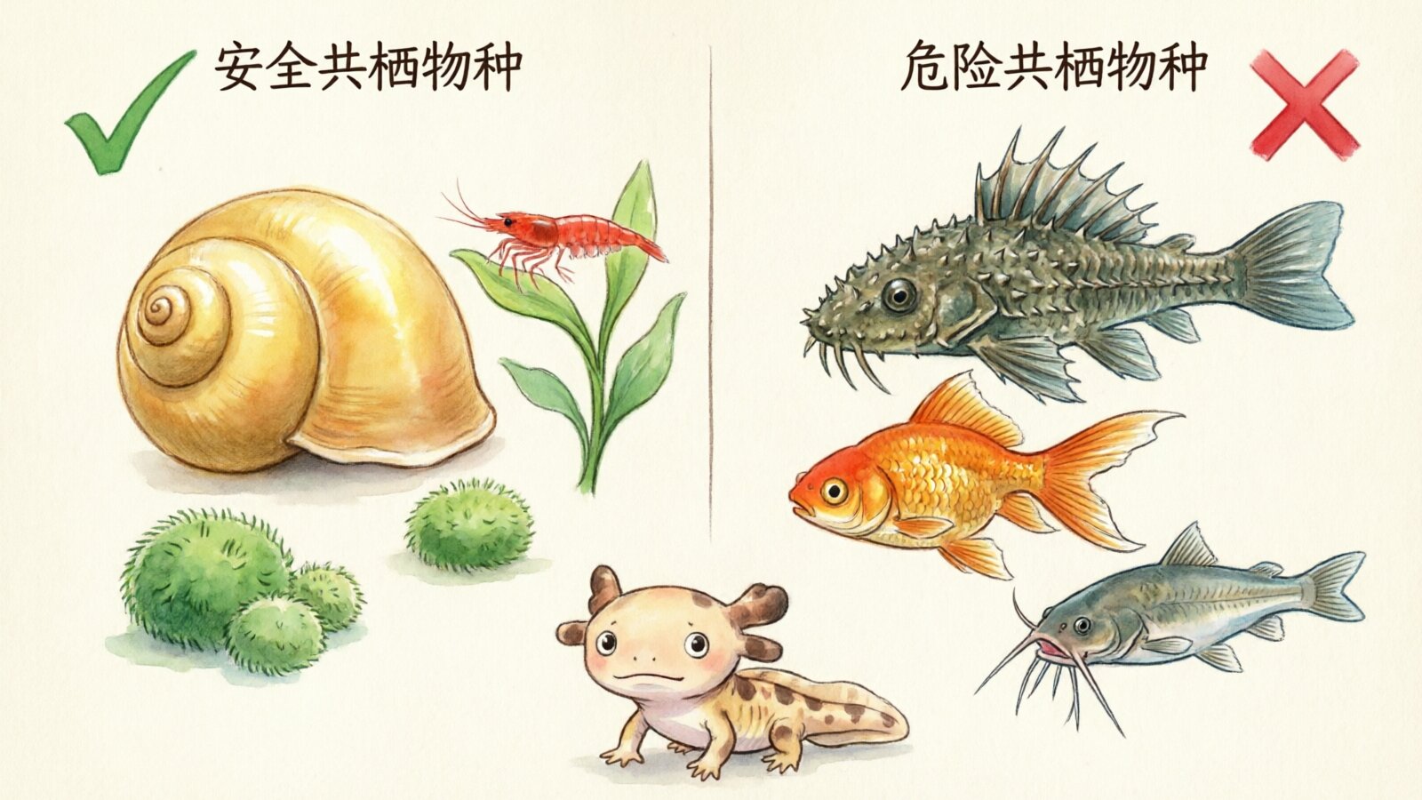 Comparison of safe tank mates (mystery snails, cherry shrimp, moss balls) versus dangerous ones (plecos, goldfish) for axolotls