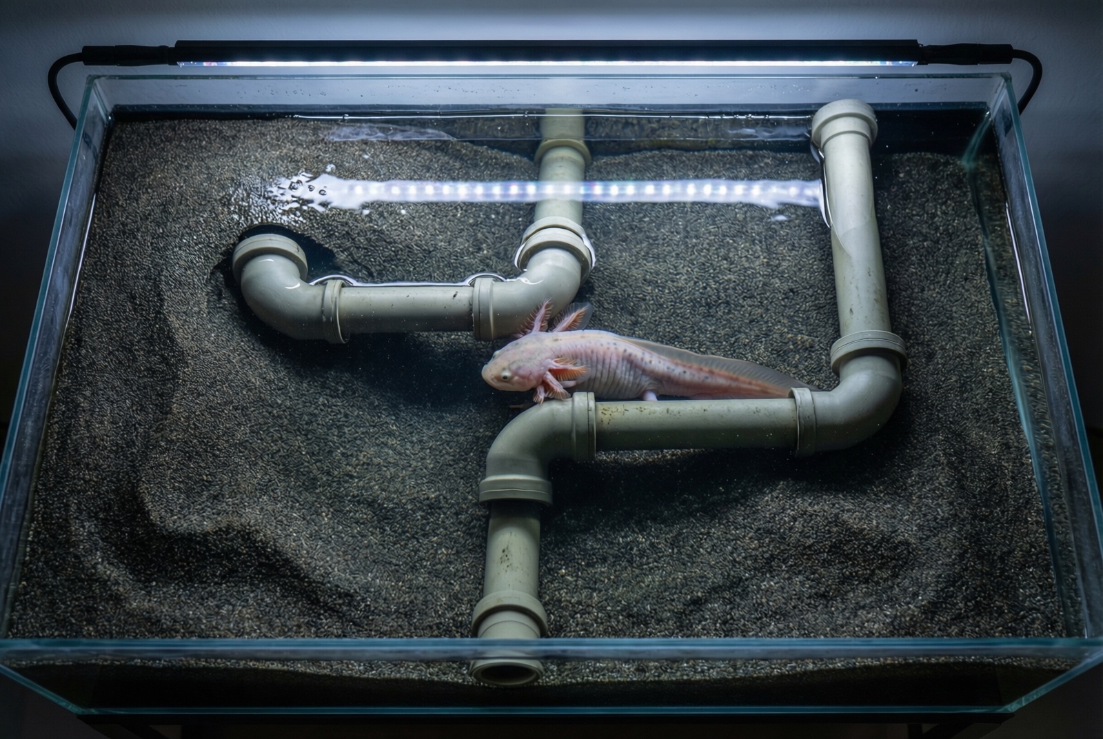 Axolotl tank setup with hides and proper water level