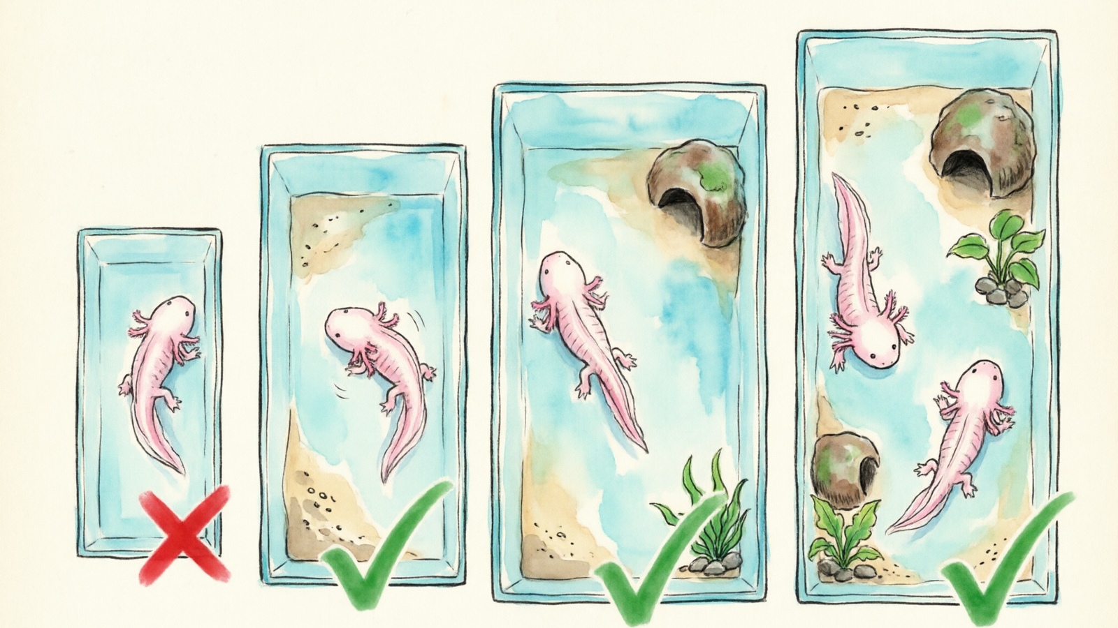 Axolotl tank size comparison — 10gal vs 20gal vs 40gal
