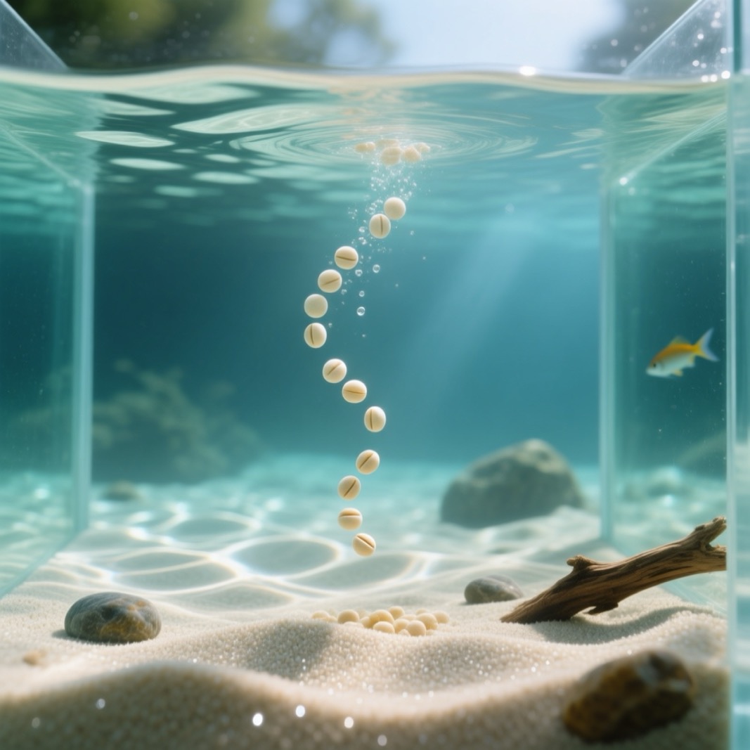 Split aquarium view — left side showing sinking food pellets resting on the substrate, right side showing freeze-dried bloodworms floating at the water surface, same aquarium, clean water, demonstrating the sinking vs floating food problem
