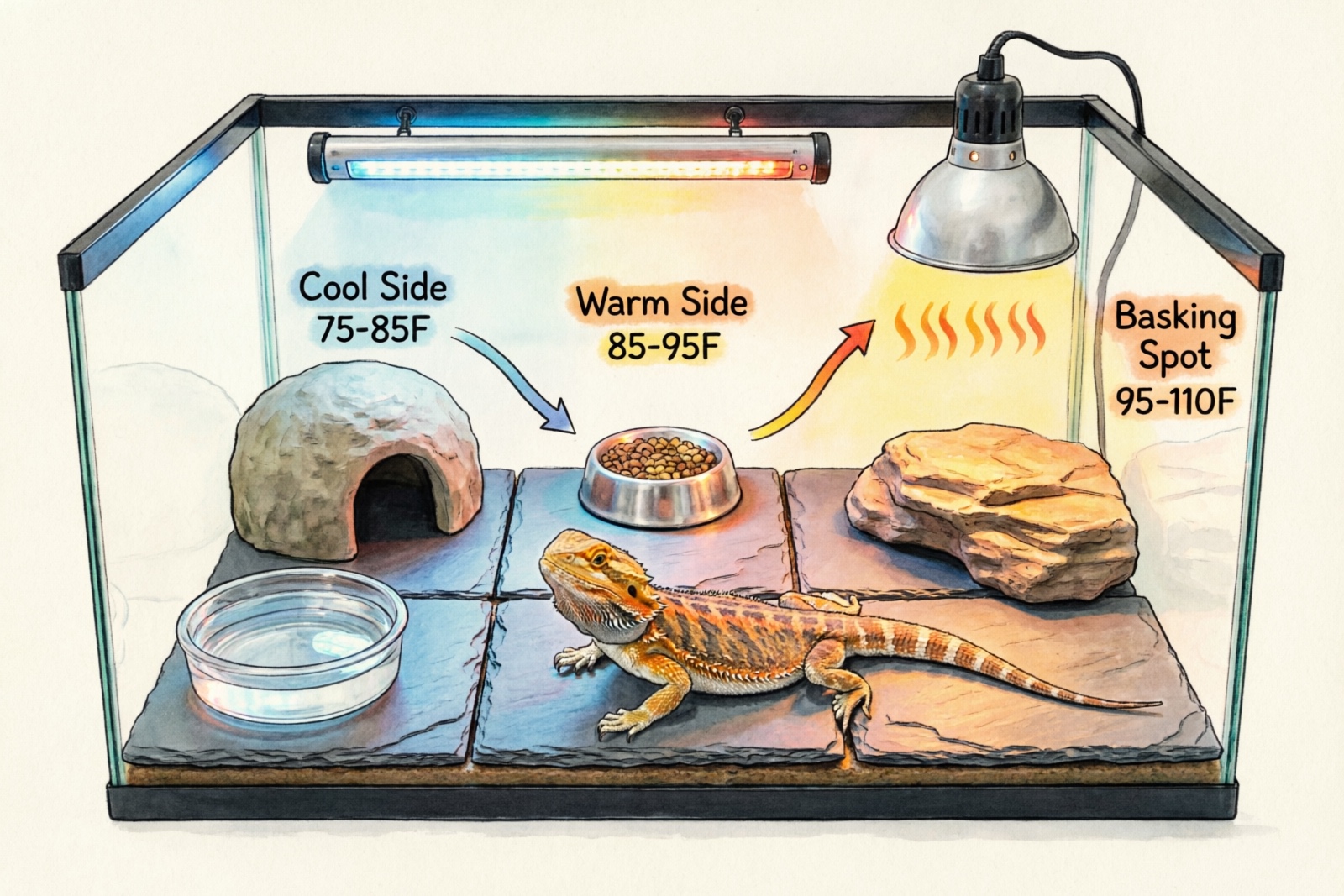 Complete bearded dragon habitat setup showing tank, lighting, heating, and accessories