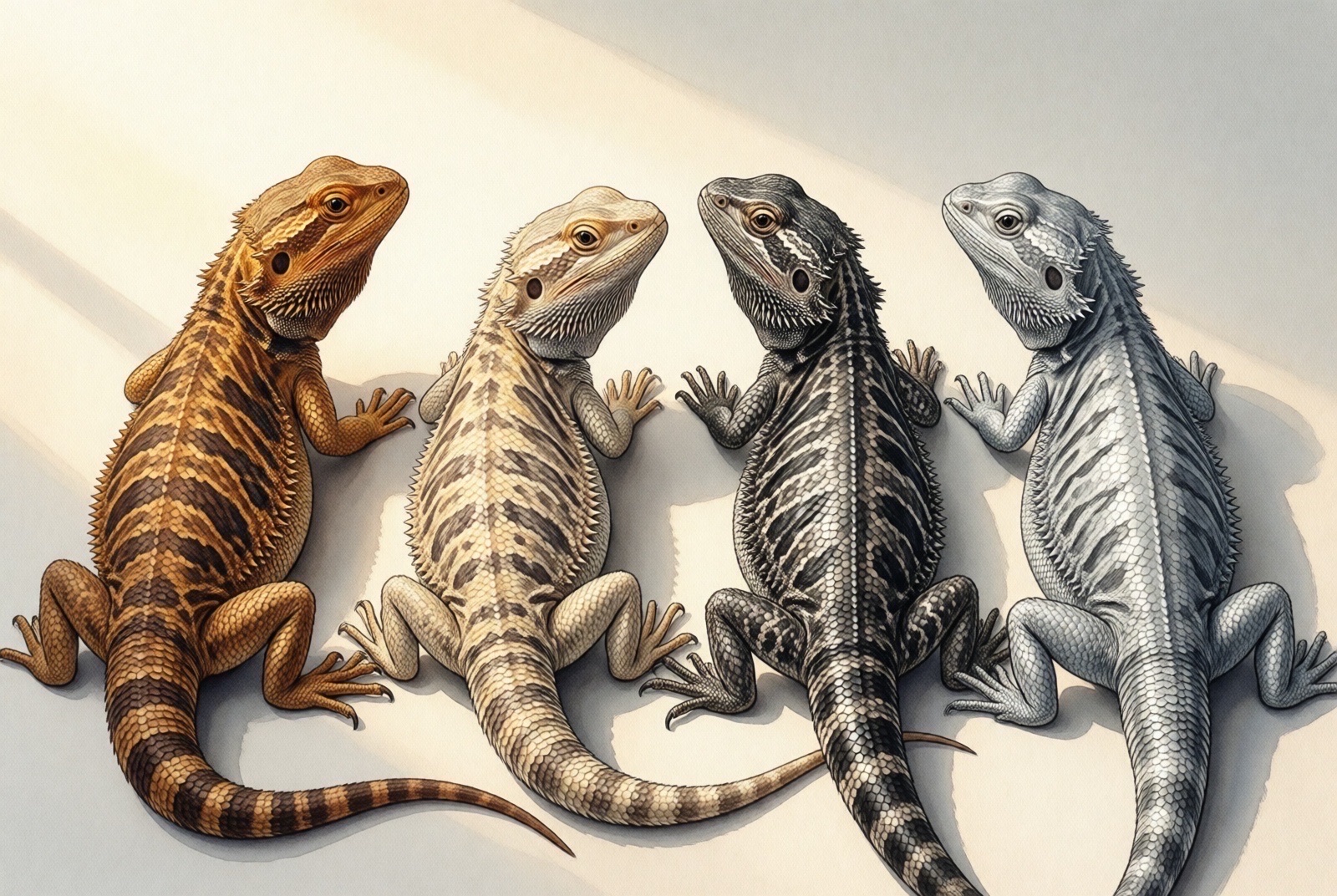 Four bearded dragon color morphs comparison