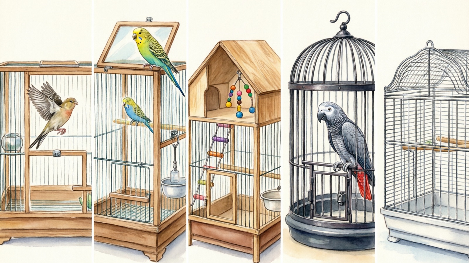 Hand-drawn watercolor illustration comparing five types of bird cages in a horizontal five-panel layout: flight cage, open top, playtop, wrought iron, and stainless steel