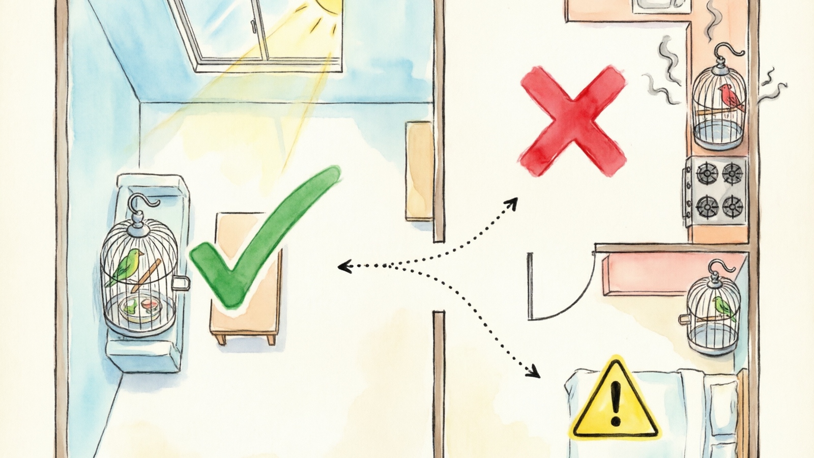 Hand-drawn watercolor top-down floor plan illustration showing correct and incorrect bird cage placement in a home