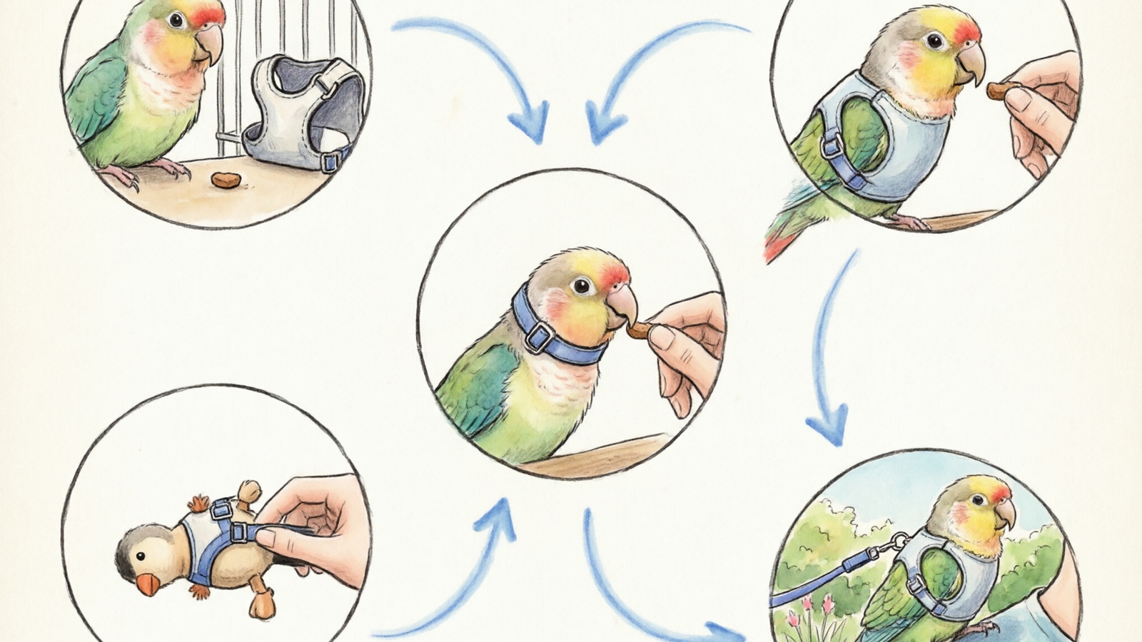 Hand-drawn watercolor step-by-step harness training guide