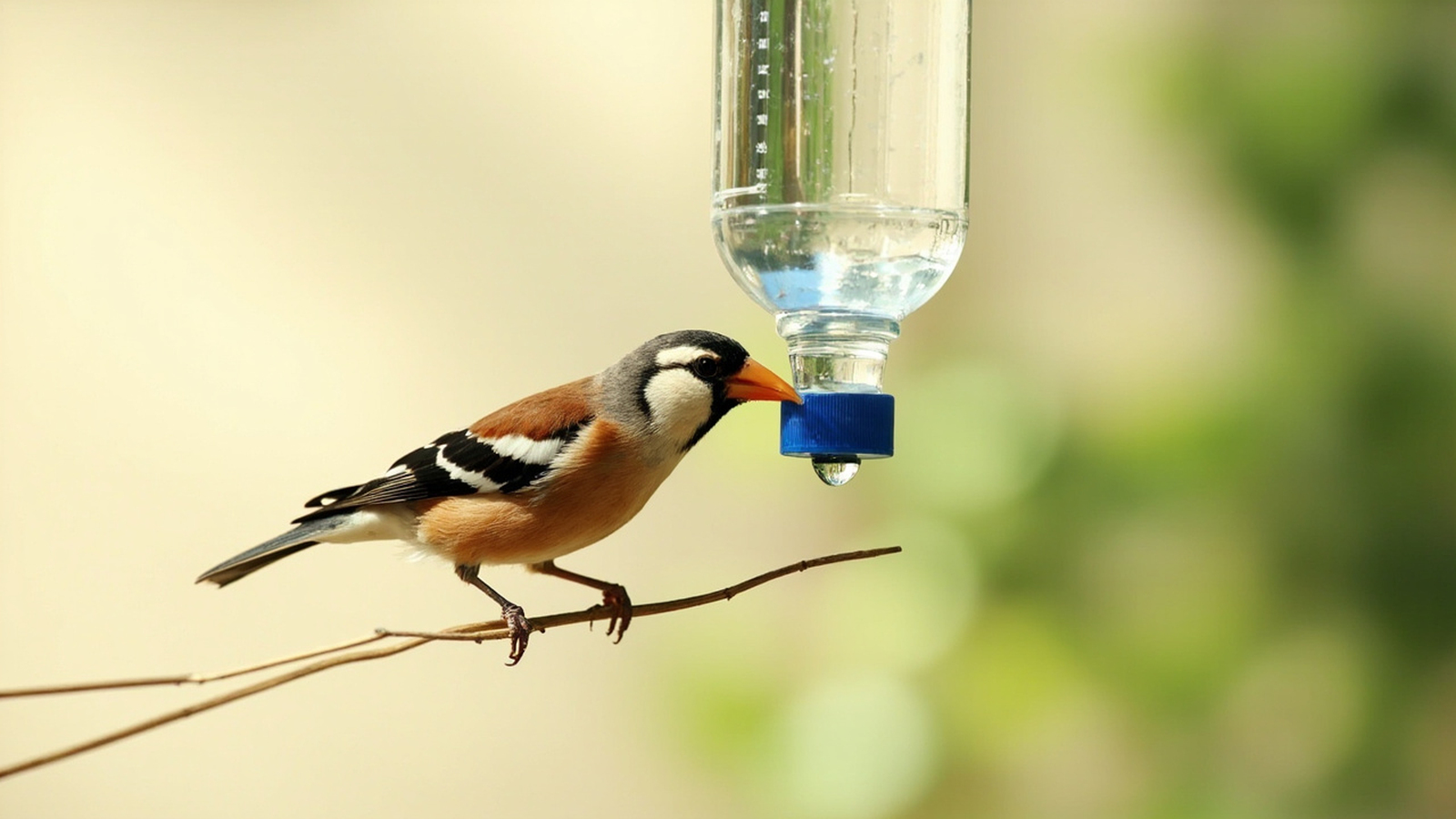 Finch drinking vitamin-supplemented water from a tube feeder
