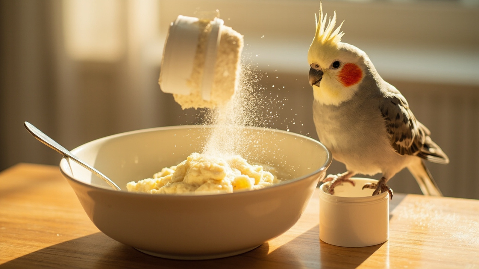Probiotic supplement powder being mixed into soft food for a cockatiel