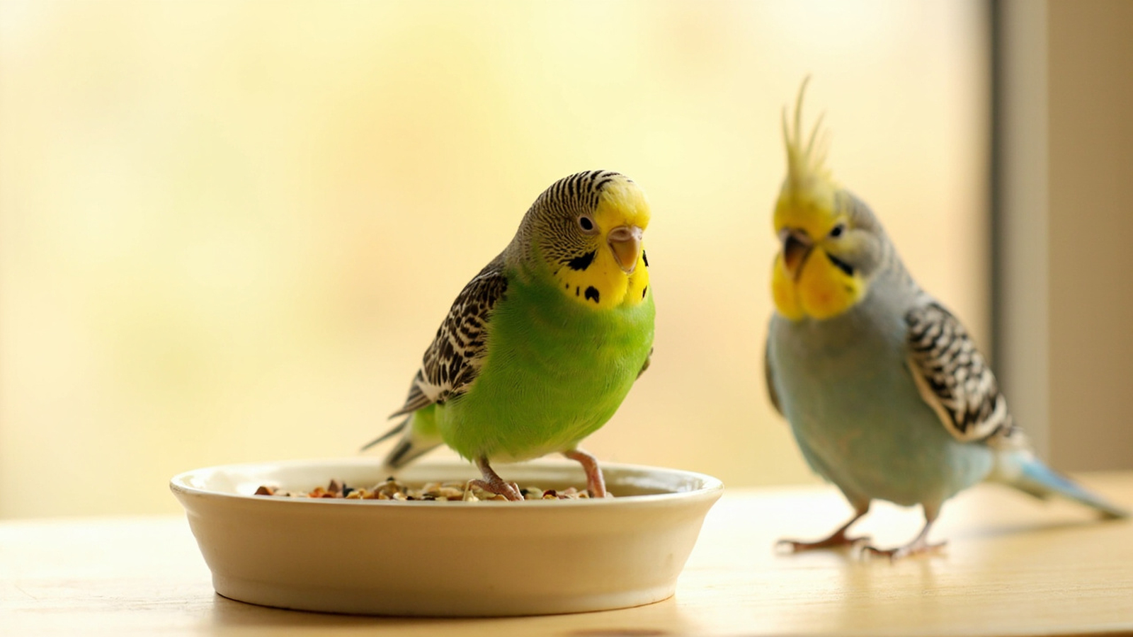 Budgie and cockatiel perched together at a feeding dish