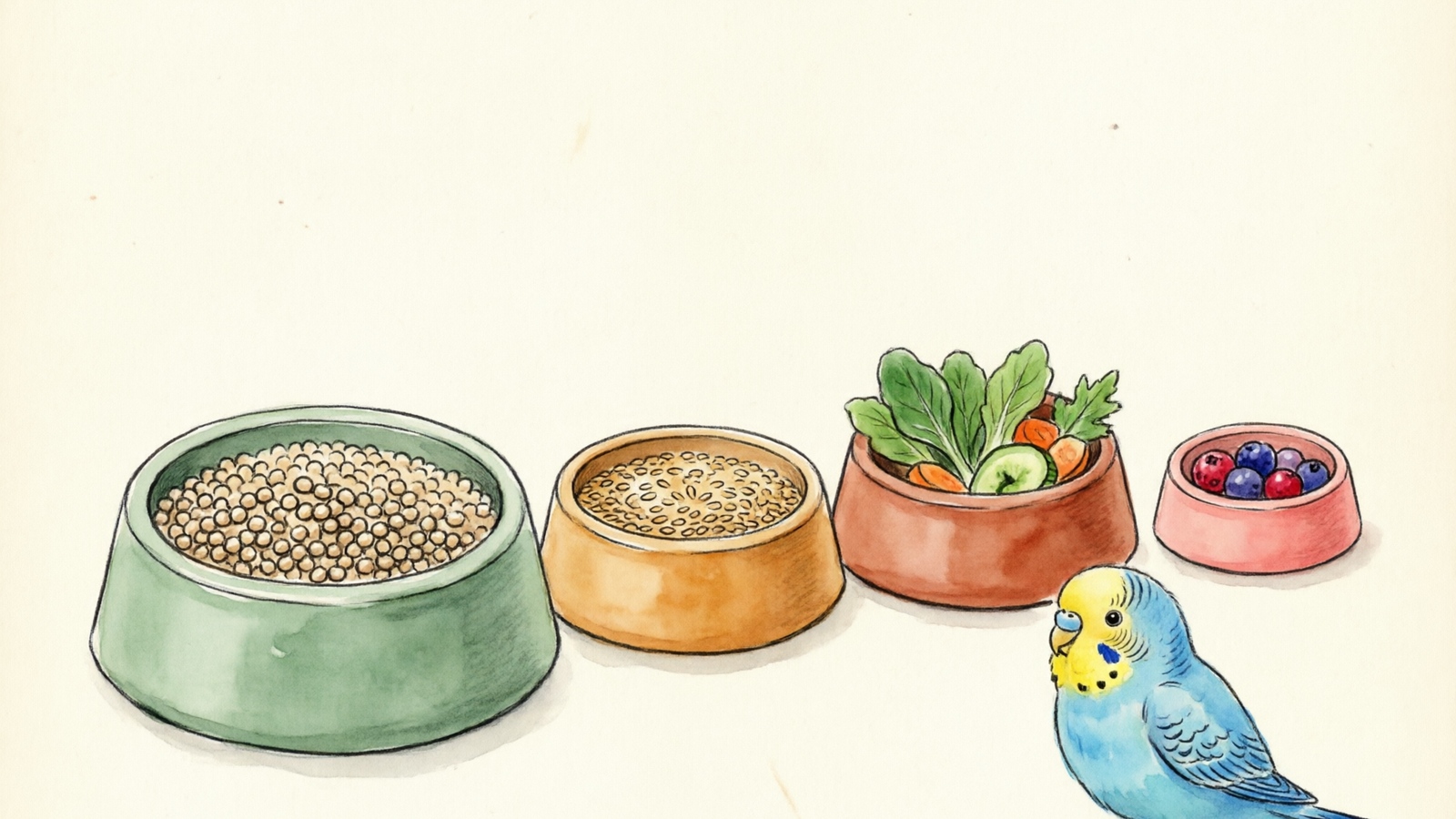 Ideal daily diet proportions for a healthy budgie: pellets, seeds, vegetables, and fruits