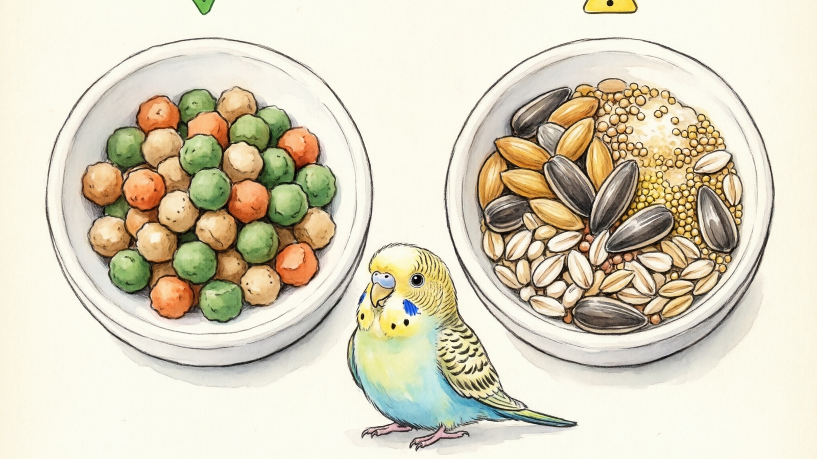 Comparison of pellet diet versus seed diet showing nutritional differences for budgies