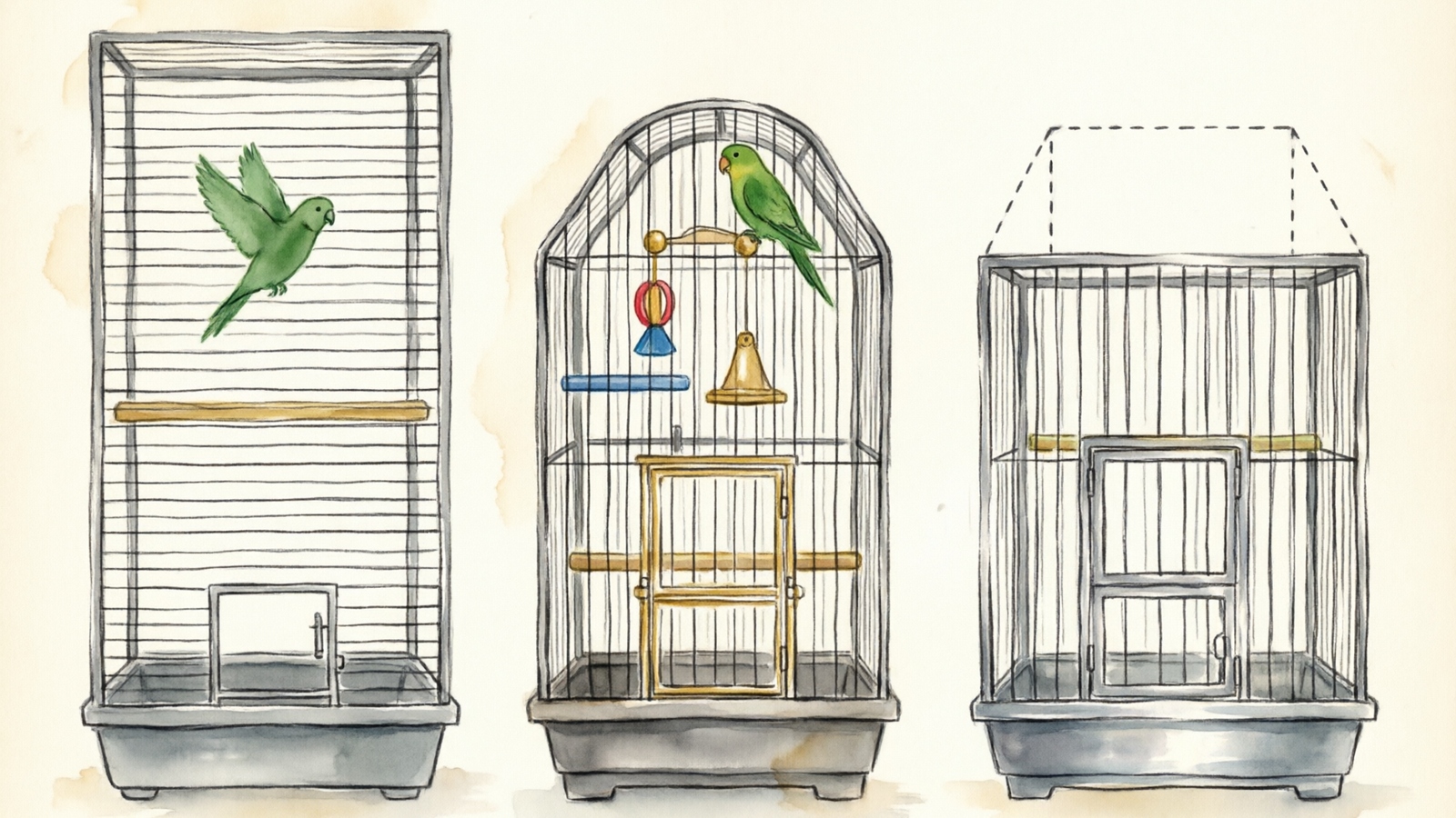 Hand-drawn watercolor illustration comparing four types of conure cages with bar spacing and price range details