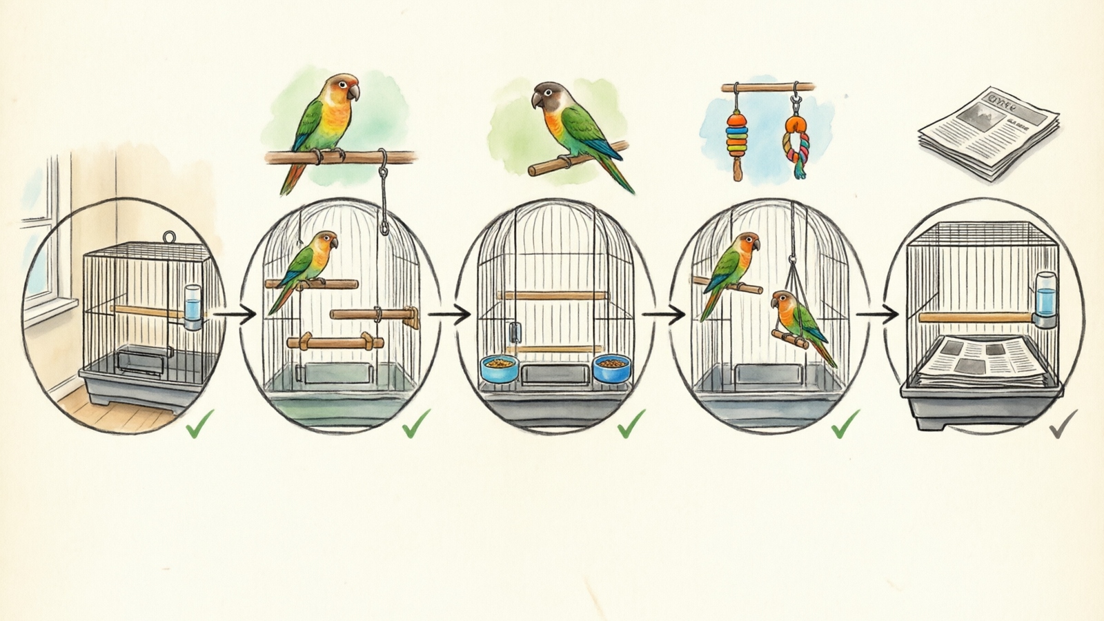 Hand-drawn watercolor illustration showing a 5-step conure cage setup process with perches, food bowls, toys and cage liners