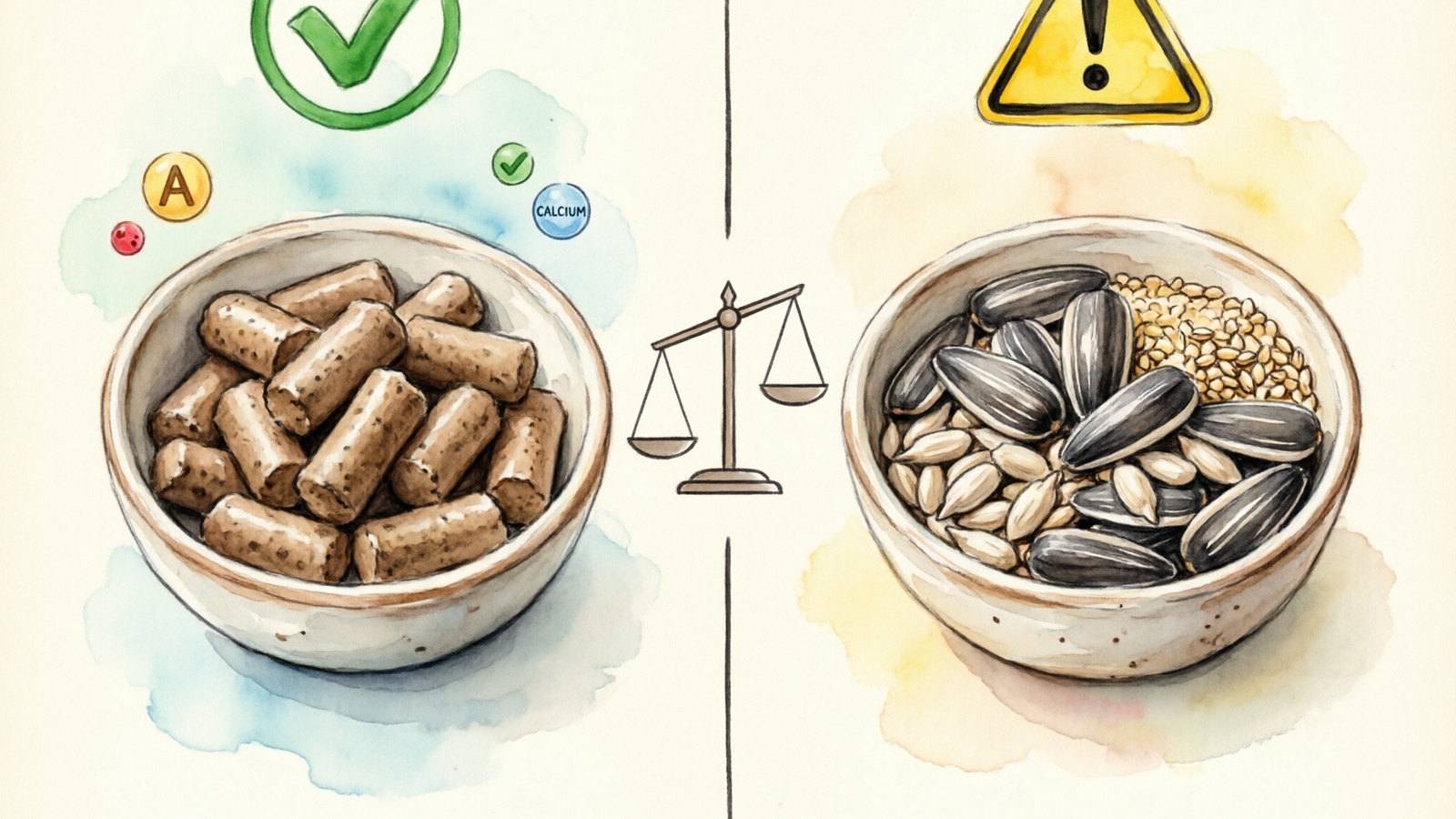 Hand-drawn watercolor illustration comparing pellets and seeds for bird diet with nutrition benefits and fat warnings