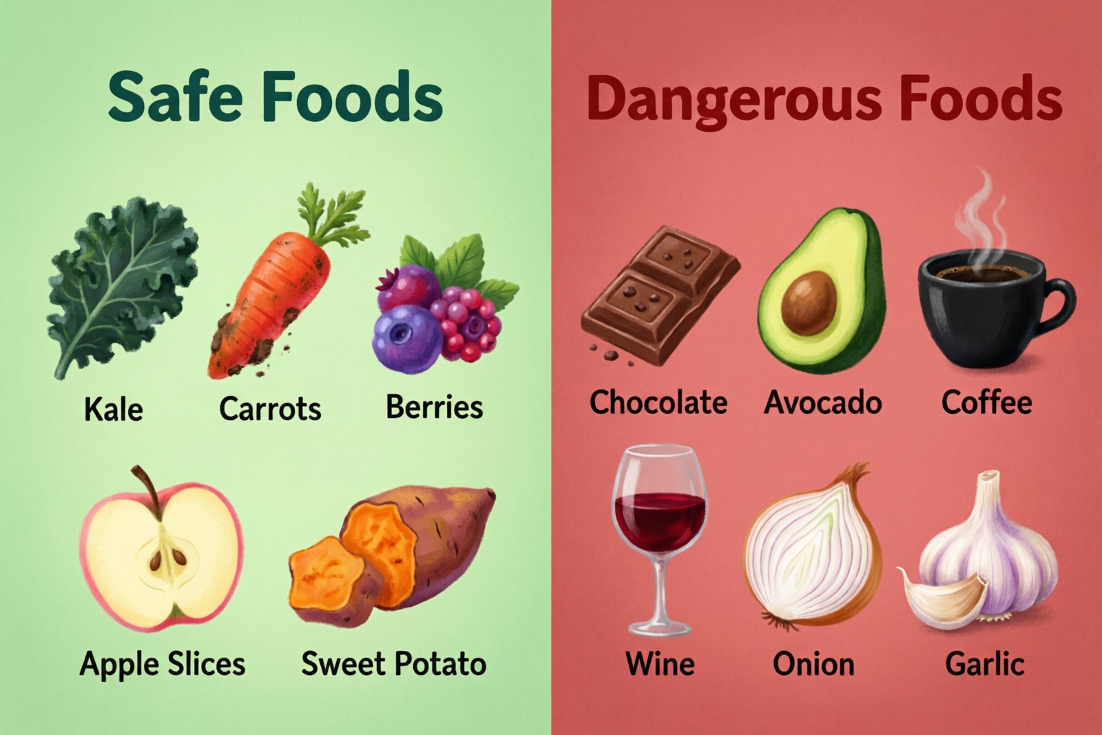 Bird food safety comparison showing safe foods vs dangerous foods to avoid
