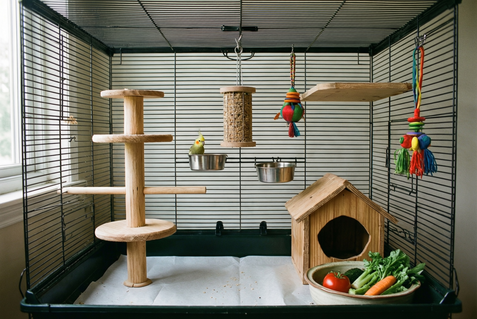 A properly setup cockatiel cage with natural perches, feeding cups, and enrichment toys