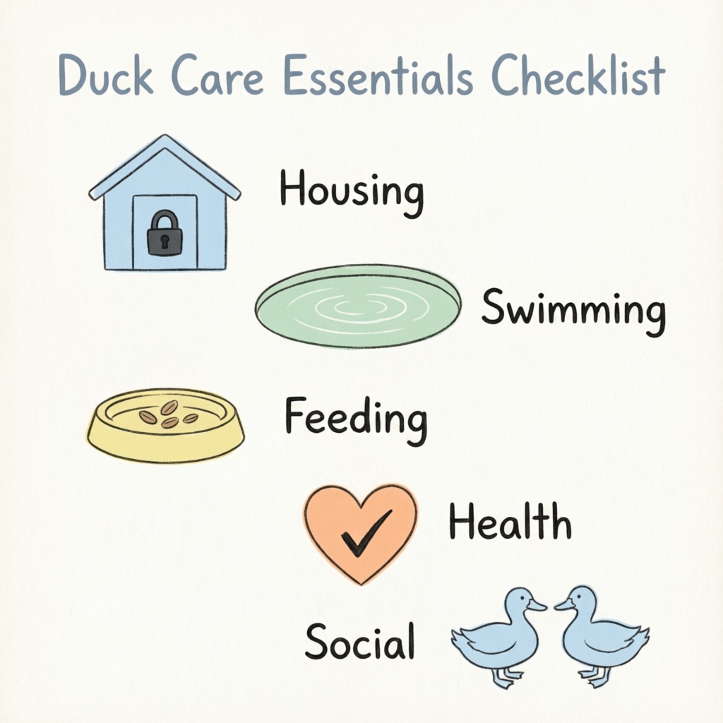 Grey call duck care essentials infographic showing housing, swimming, feeding, health, and social needs
