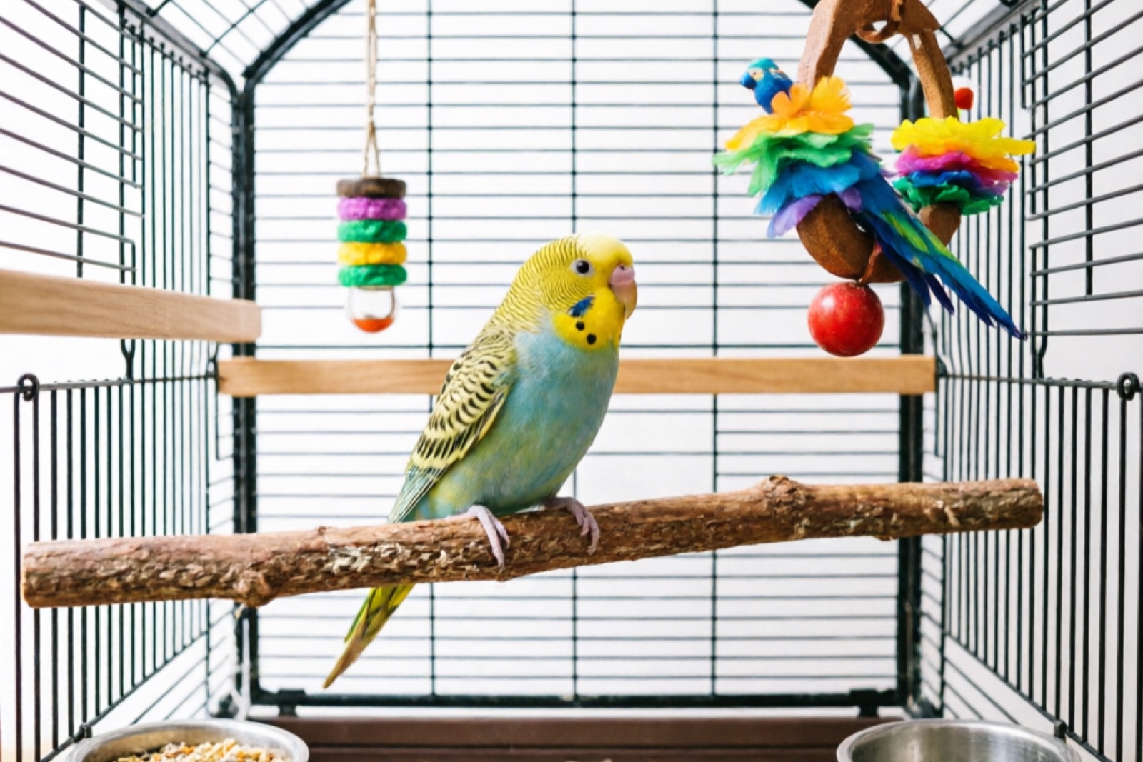 Well-equipped parakeet cage with perches, toys, and food bowls
