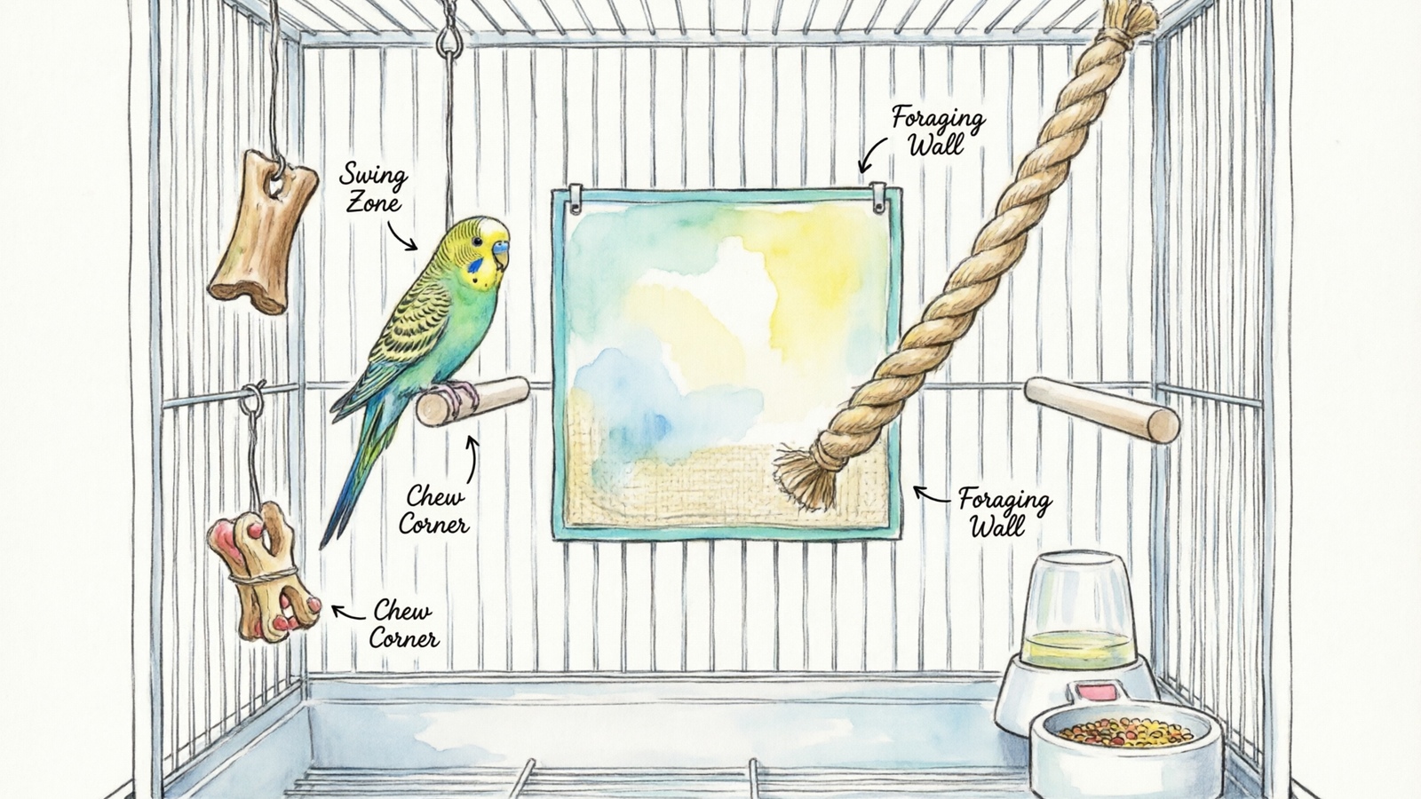 Hand-drawn watercolor illustration of a bird cage showing optimal parakeet toy placement with labeled zones for swing, chew, foraging, and flight areas