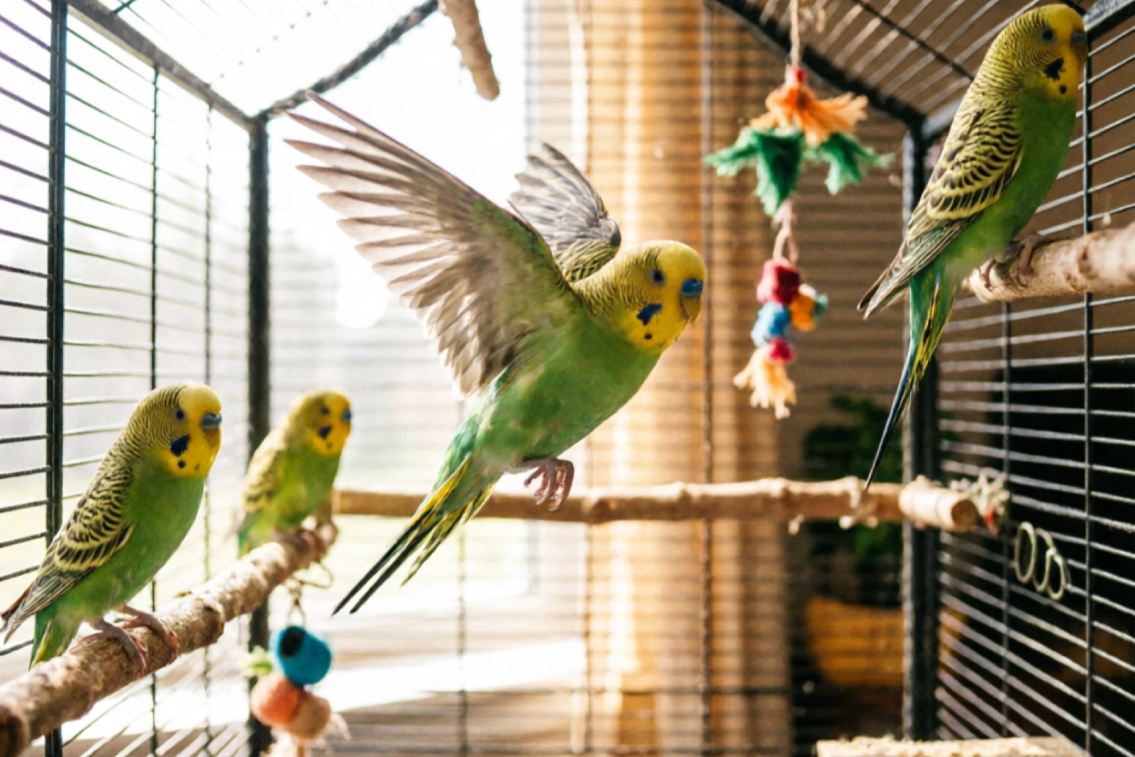 Happy parakeet exploring a spacious flight cage