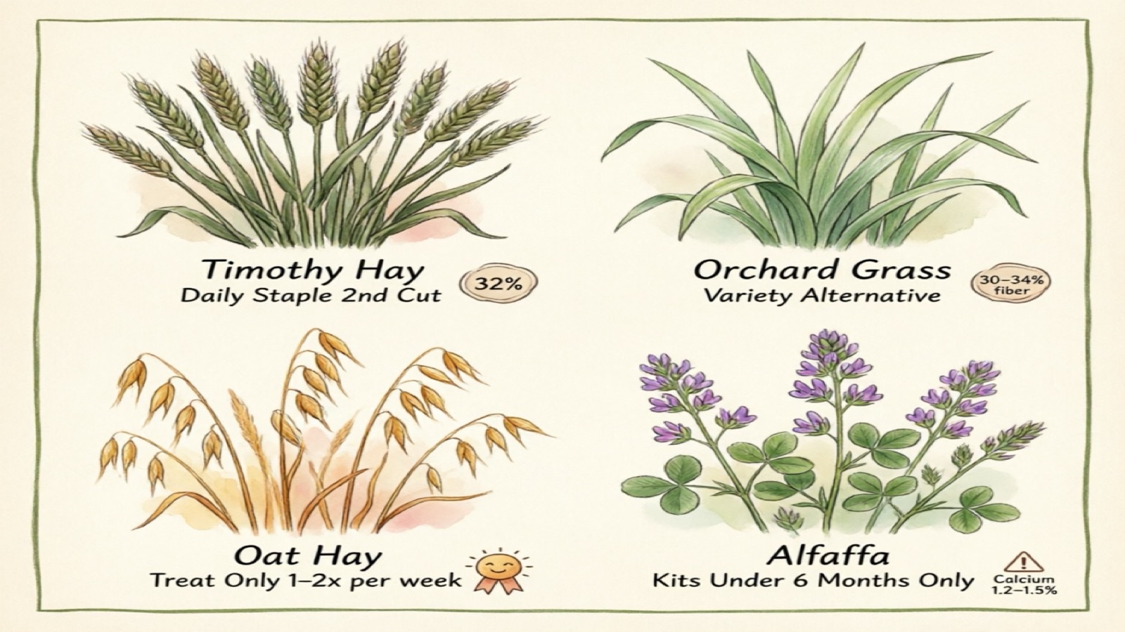 Hand-drawn watercolor comparison of four hay types: Timothy, orchard grass, oat hay, and alfalfa